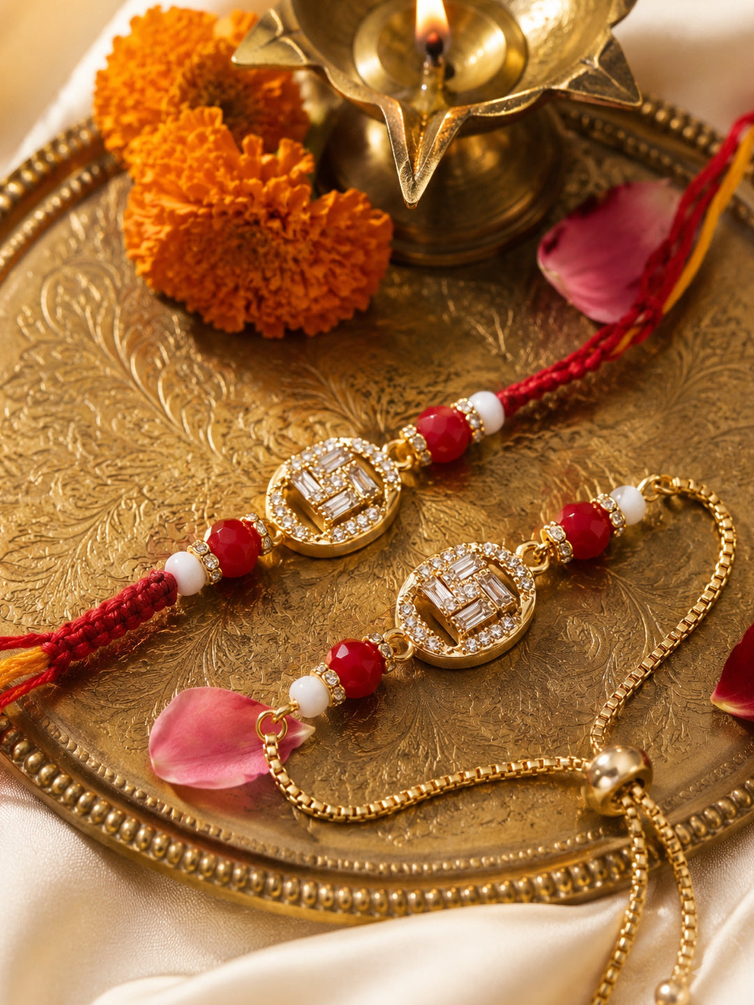 NVR Set of 2 Artificial Stones & Beads Swastik Bhaiya Bhabhi Rakhi With Roli Chawal