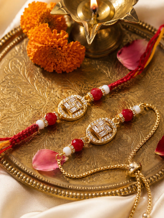 NVR Set of 2 Artificial Stones & Beads Swastik Bhaiya Bhabhi Rakhi With Roli Chawal