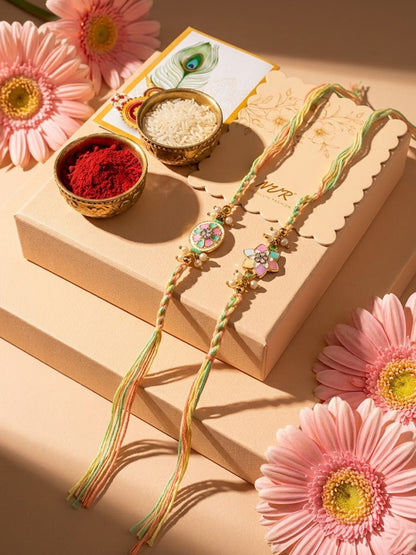 NVR Set of 2 Meenakari Floral Thread Rakhi with Roli Chawal Chandan Mishri