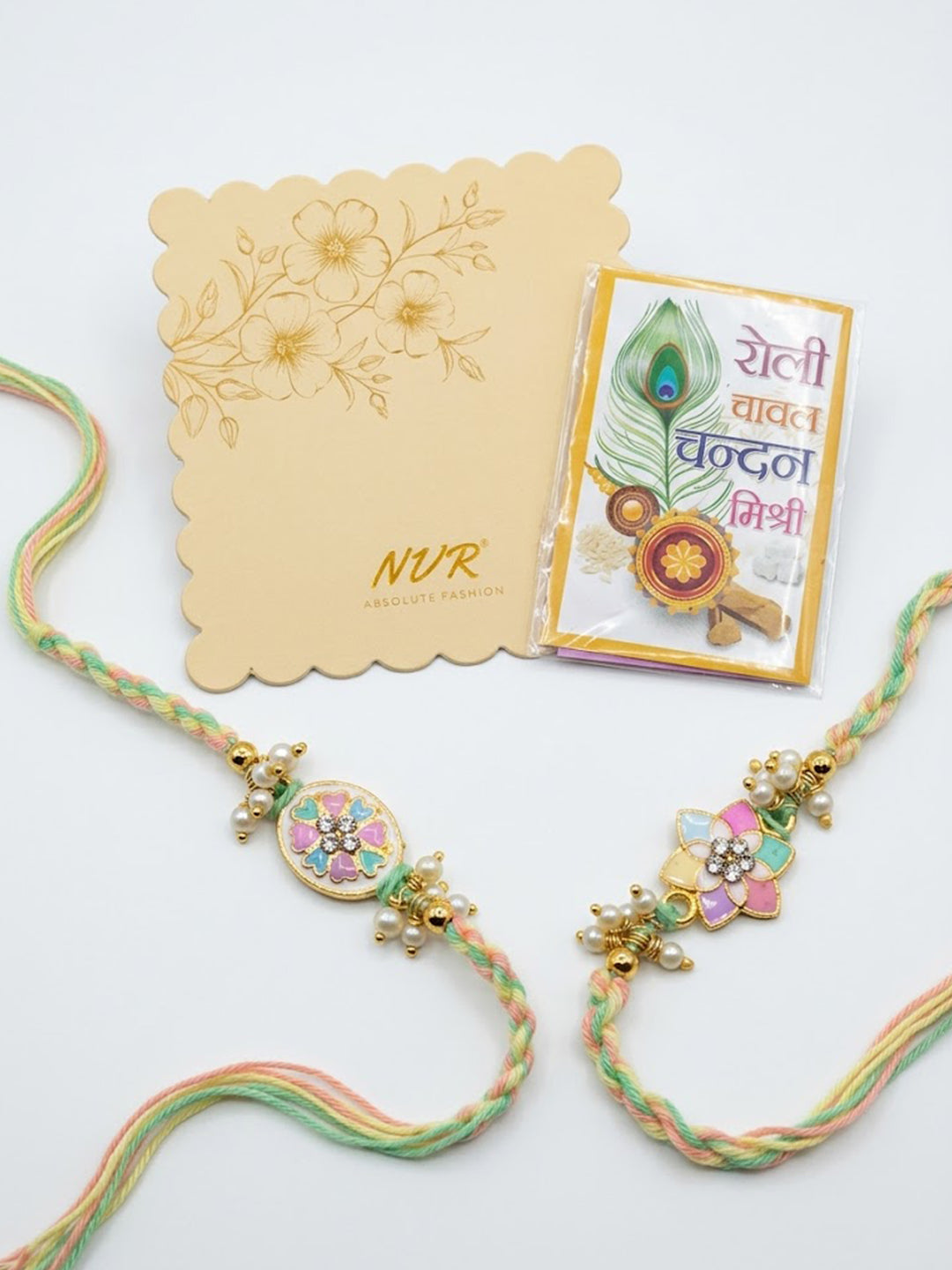 NVR Set of 2 Meenakari Floral Thread Rakhi with Roli Chawal Chandan Mishri