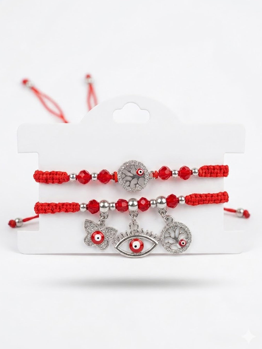 NVR Set of 2 Red & Silver Evil Eye Design Bhaiya Bhabhi Rakhi with Roli Chawal Chandan
