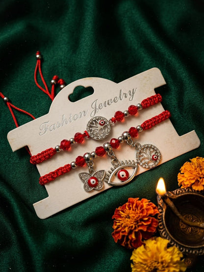 NVR Set of 2 Red & Silver Evil Eye Design Bhaiya Bhabhi Rakhi with Roli Chawal Chandan