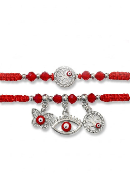 NVR Set of 2 Red & Silver Evil Eye Design Bhaiya Bhabhi Rakhi with Roli Chawal Chandan