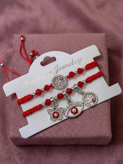 NVR Set of 2 Red & Silver Evil Eye Design Bhaiya Bhabhi Rakhi with Roli Chawal Chandan