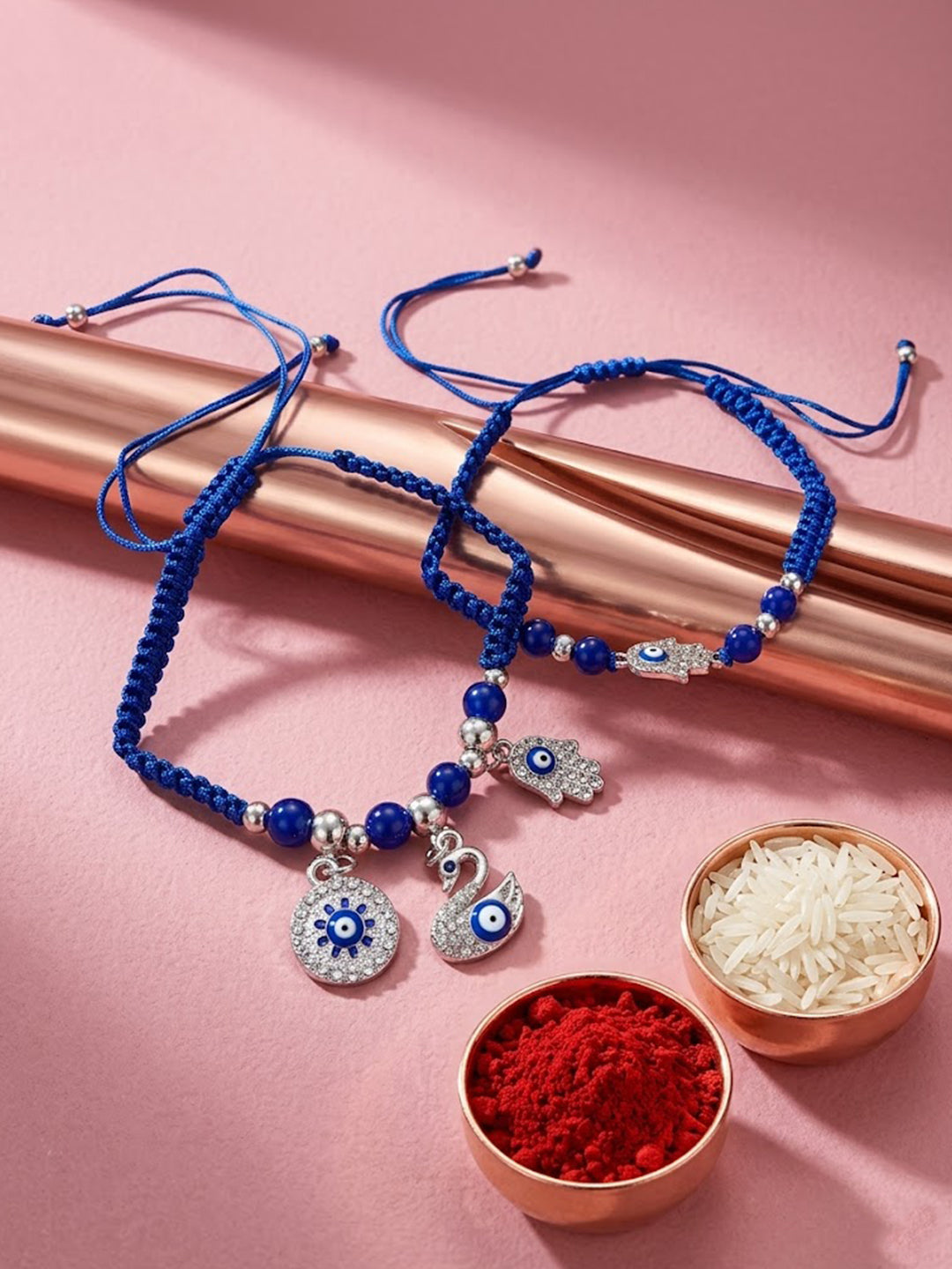 NVR Set of 2 Blue & Silver Evil Eye Design Bhaiya Bhabhi Rakhi with Roli Chawal Chandan