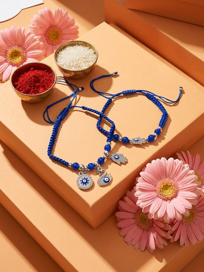 NVR Set of 2 Blue & Silver Evil Eye Design Bhaiya Bhabhi Rakhi with Roli Chawal Chandan