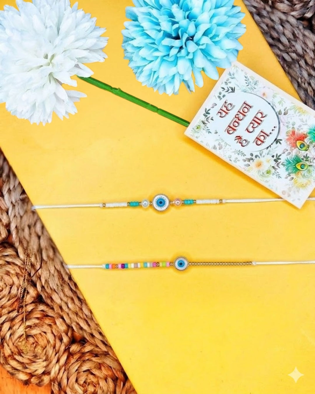 NVR Set of 2 Blue Evil Eye Thread Rakhi with Roli Chawal Chandan Mishri