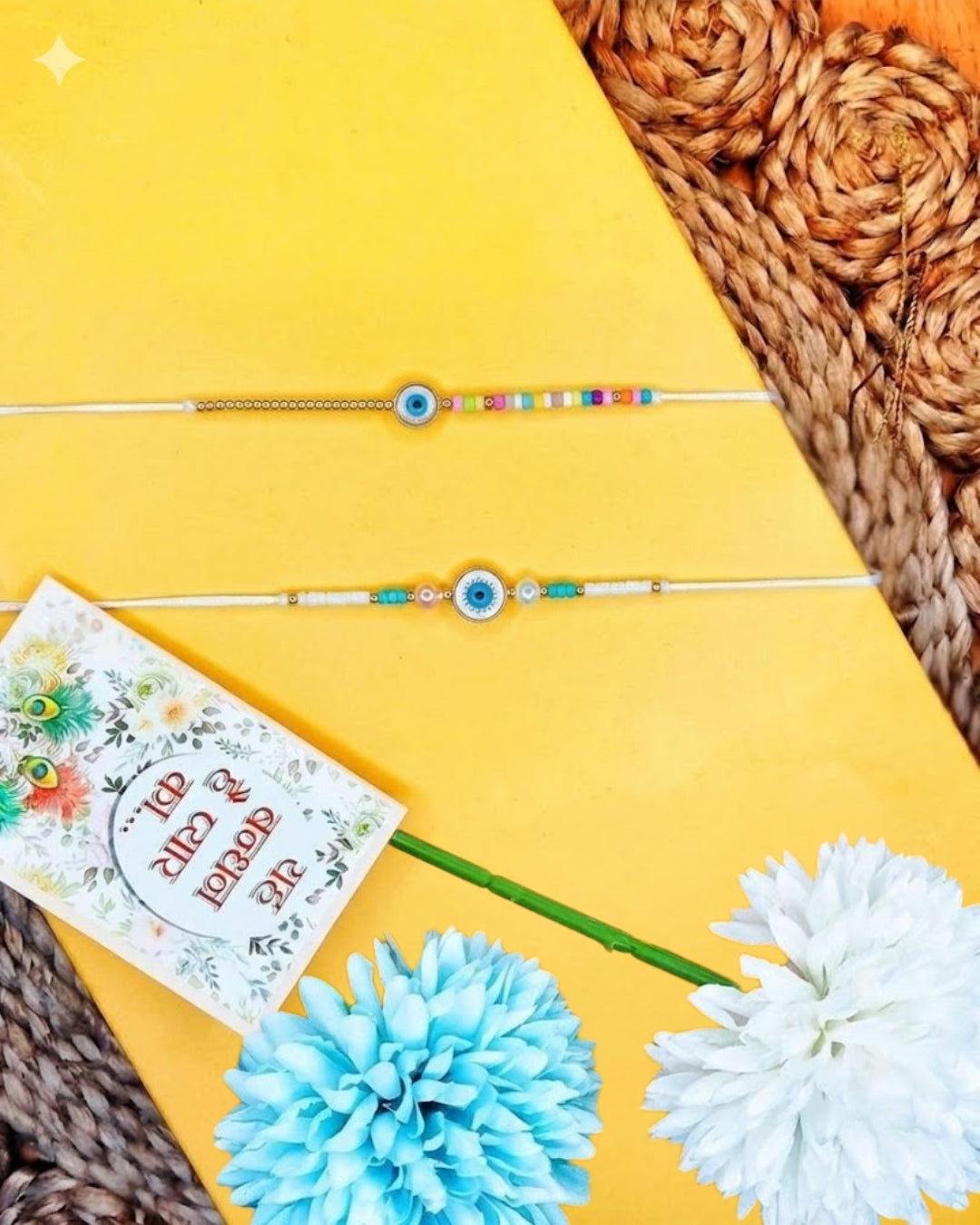 NVR Set of 2 Blue Evil Eye Thread Rakhi with Roli Chawal Chandan Mishri