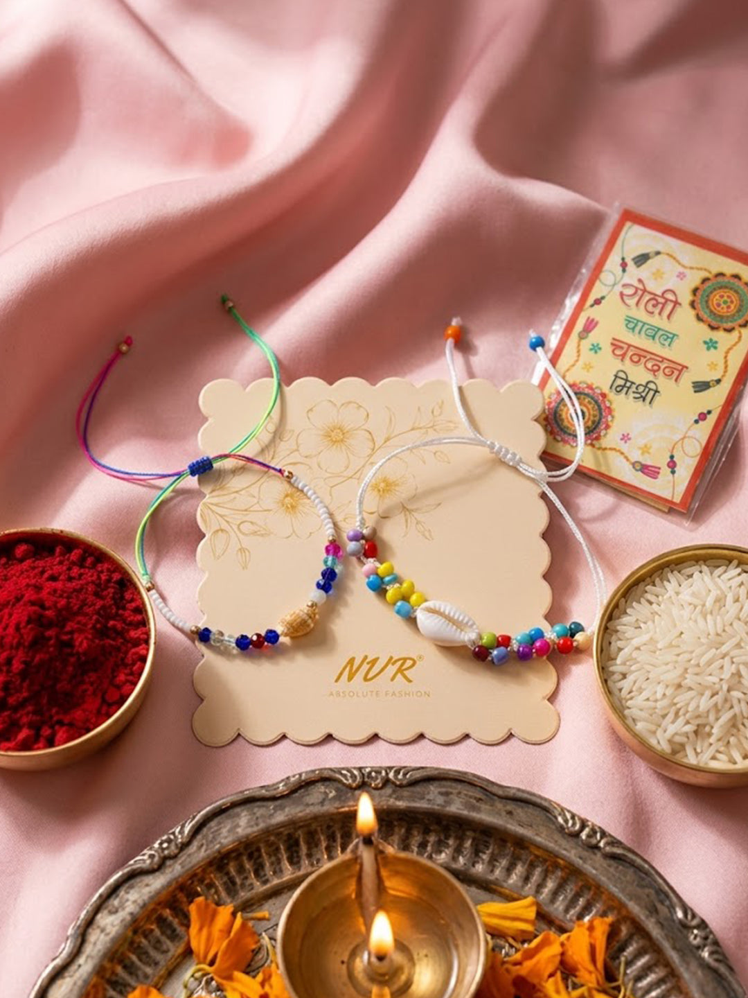 NVR Set of 2 Artificial Beads Thread Rakhi With Roli Chawal Chandan Mishri