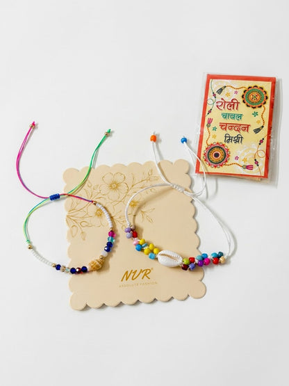 NVR Set of 2 Artificial Beads Thread Rakhi With Roli Chawal Chandan Mishri