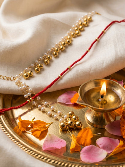 NVR Set of 2 Pearls Gold Toned Bhaiya Bhabhi Rakhi With Roli Chawal Chandan Mishri