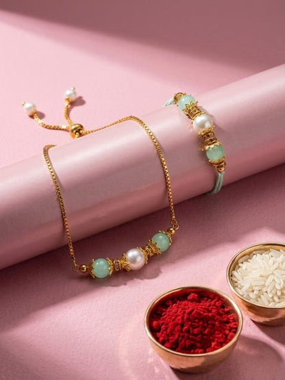 NVR Set of 2 Gold Toned Pearls & Artificial Beads Bhaiya Bhabhi Rakhi with Roli Chawal