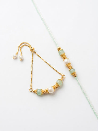NVR Set of 2 Gold Toned Pearls & Artificial Beads Bhaiya Bhabhi Rakhi with Roli Chawal