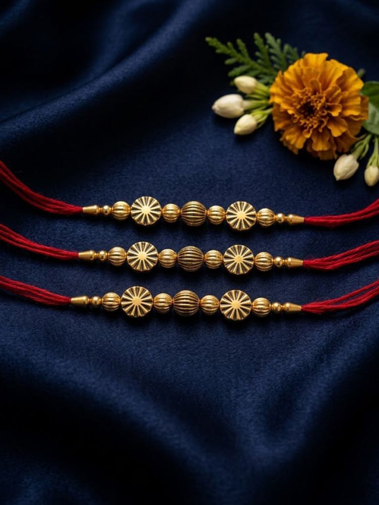 NVR Set of 3 Red & Gold Toned Artificial Stones & Beads Thread Rakhi With Roli Chawal