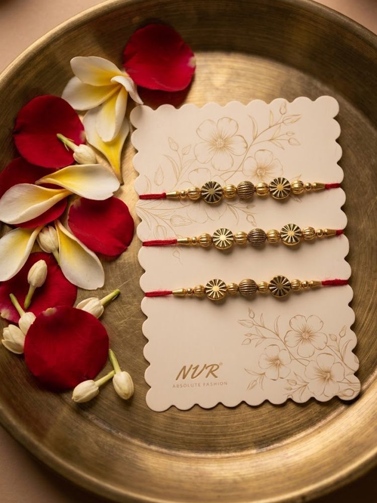 NVR Set of 3 Red & Gold Toned Artificial Stones & Beads Thread Rakhi With Roli Chawal
