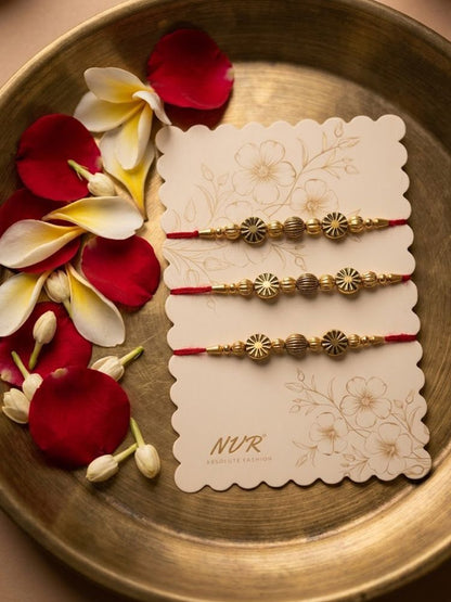 NVR Set of 3 Red & Gold Toned Artificial Stones & Beads Thread Rakhi With Roli Chawal