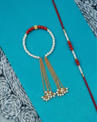 NVR Set of 2 White Pearls & Red Artificial Beads Bhaiya Bhabhi Rakhi with Roli Chawal