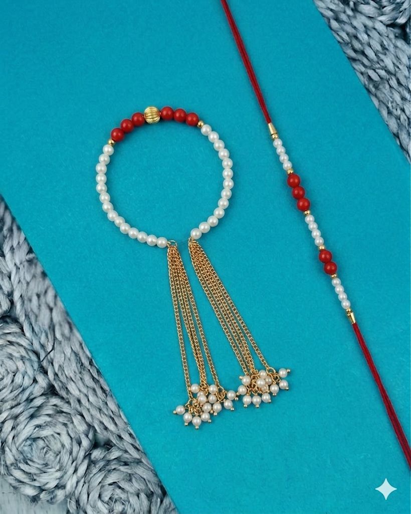 NVR Set of 2 White Pearls & Red Artificial Beads Bhaiya Bhabhi Rakhi with Roli Chawal