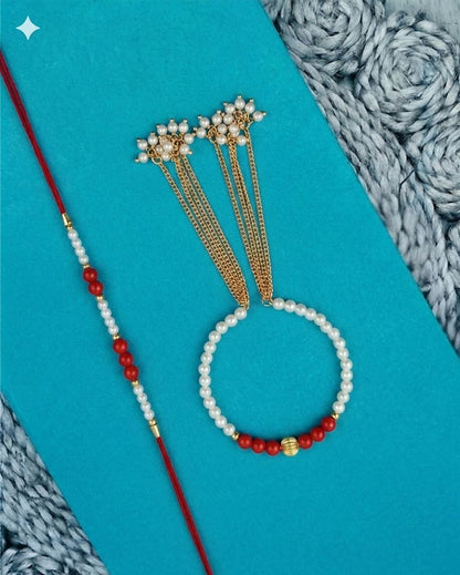 NVR Set of 2 White Pearls & Red Artificial Beads Bhaiya Bhabhi Rakhi with Roli Chawal