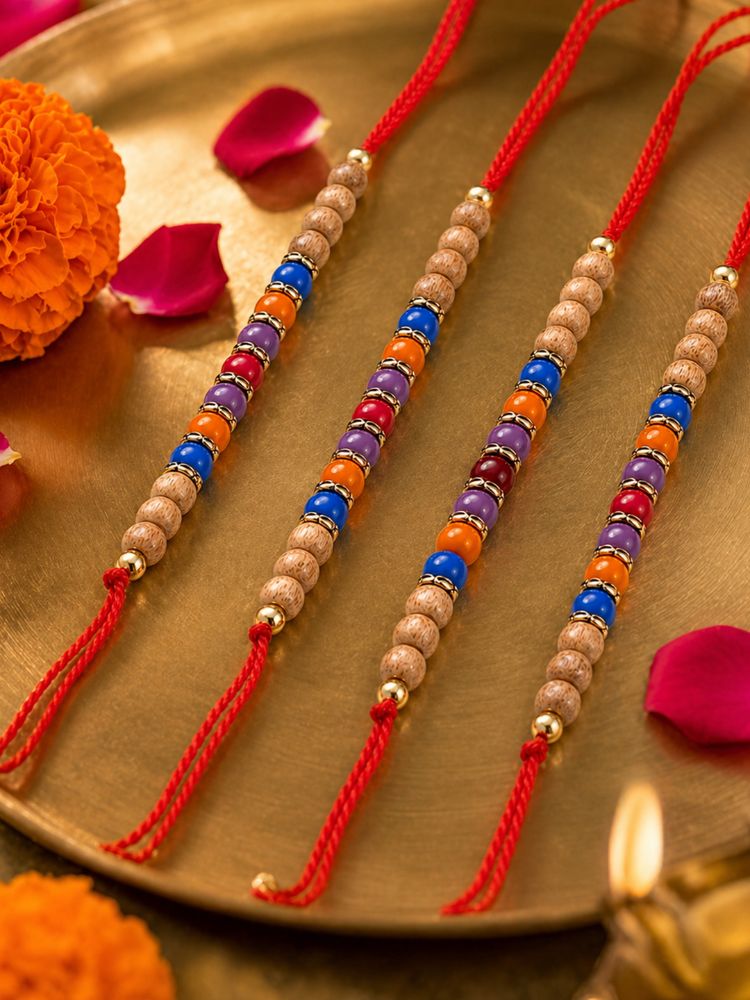 NVR Set of 4 Multicolor Circular Beads Studded Thread Rakhi with Roli Chawal Chandan