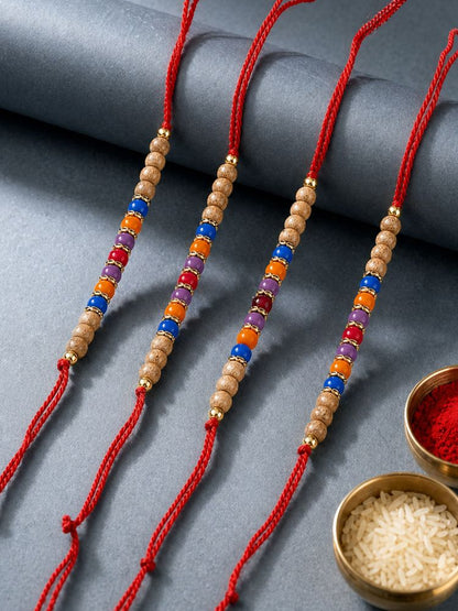 NVR Set of 4 Multicolor Circular Beads Studded Thread Rakhi with Roli Chawal Chandan