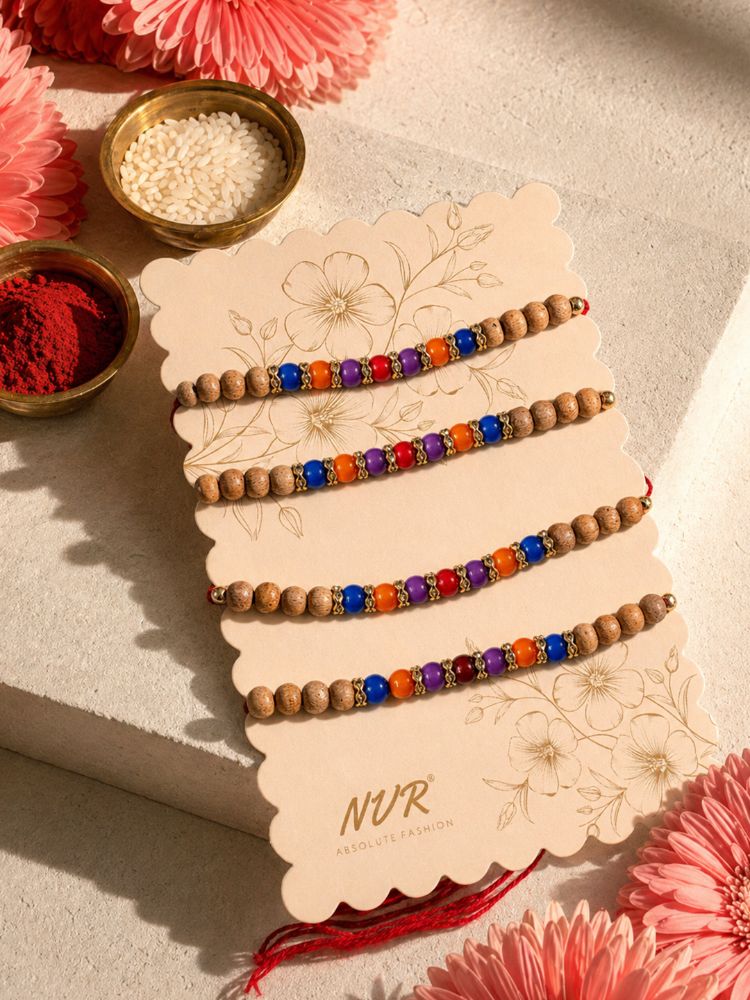 NVR Set of 4 Multicolor Circular Beads Studded Thread Rakhi with Roli Chawal Chandan