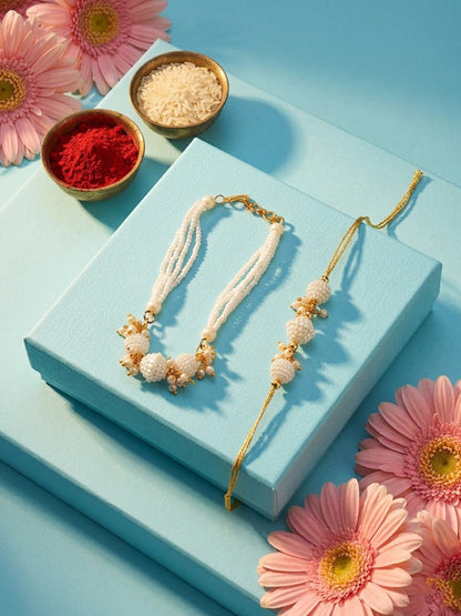 NVR Set of 2 Gold Toned & White Pearls Bhaiya Bhabhi Rakhi with Roli Chawal Chandan Mishri