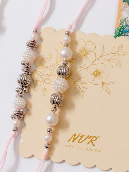 NVR Set of 3 White Pearls Thread Rakhi with Roli Chawal Chandan Mishri