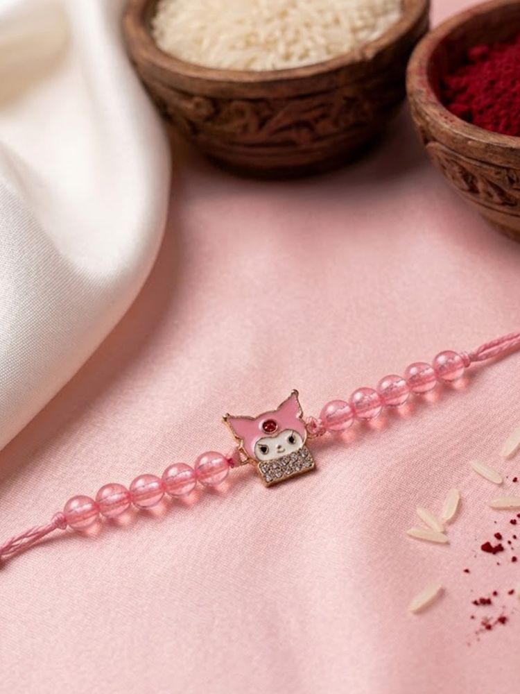 NVR Pink Transparent Beaded Cartoon Character Kids Rakhi with Roli Chawal Chandan Mishri