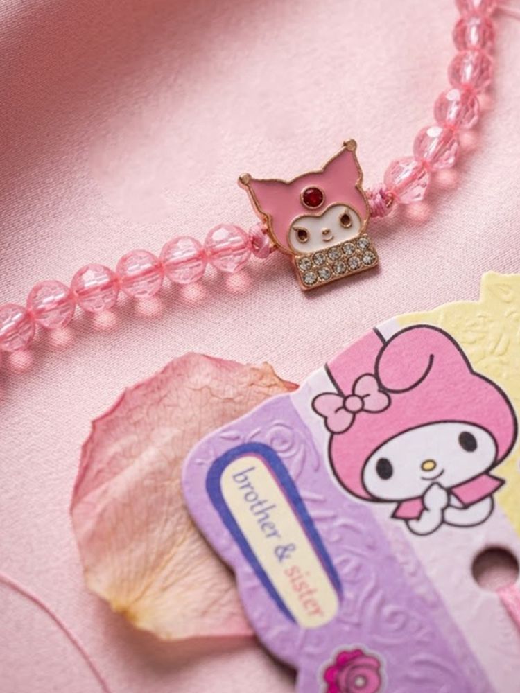 NVR Pink Transparent Beaded Cartoon Character Kids Rakhi with Roli Chawal Chandan Mishri