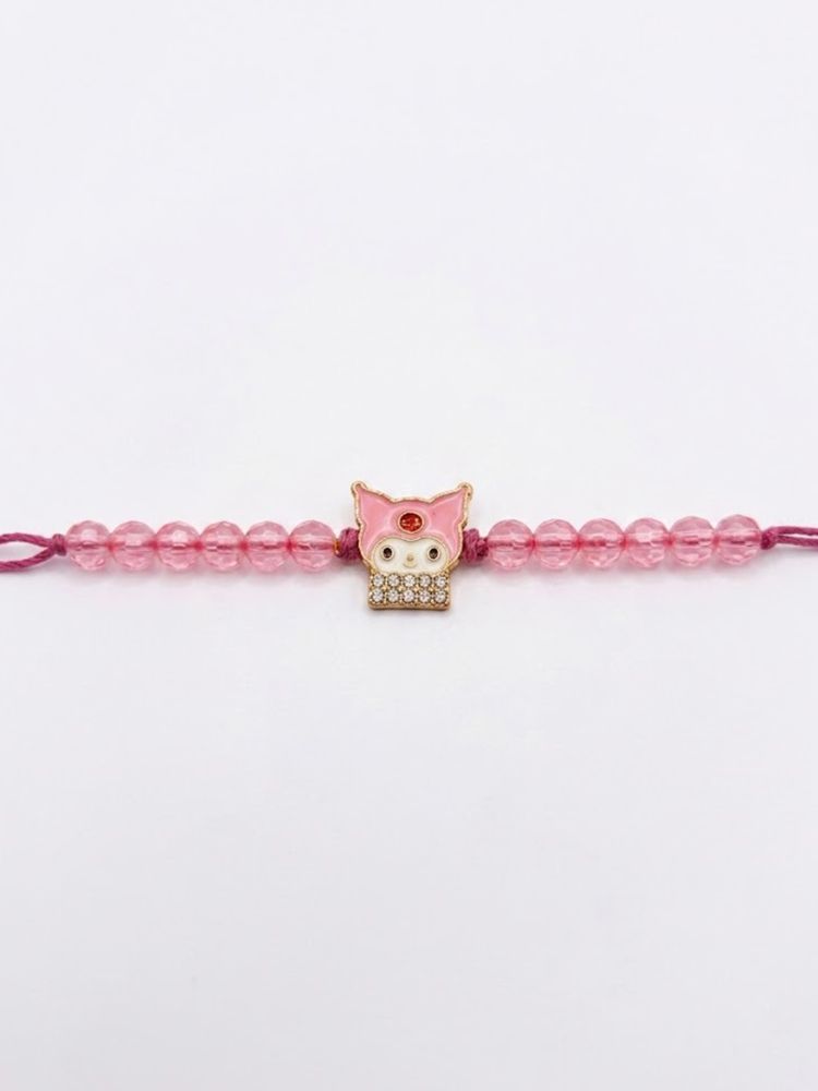 NVR Pink Transparent Beaded Cartoon Character Kids Rakhi with Roli Chawal Chandan Mishri