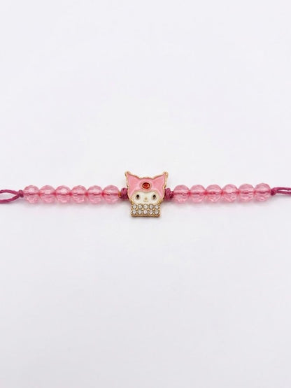 NVR Pink Transparent Beaded Cartoon Character Kids Rakhi with Roli Chawal Chandan Mishri