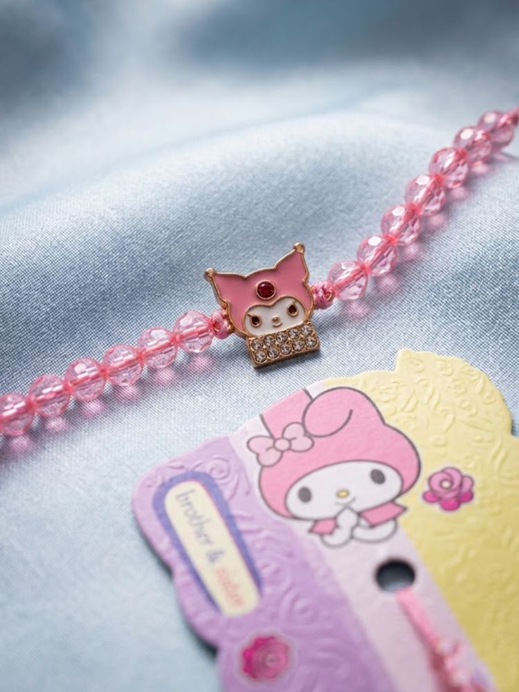 NVR Pink Transparent Beaded Cartoon Character Kids Rakhi with Roli Chawal Chandan Mishri