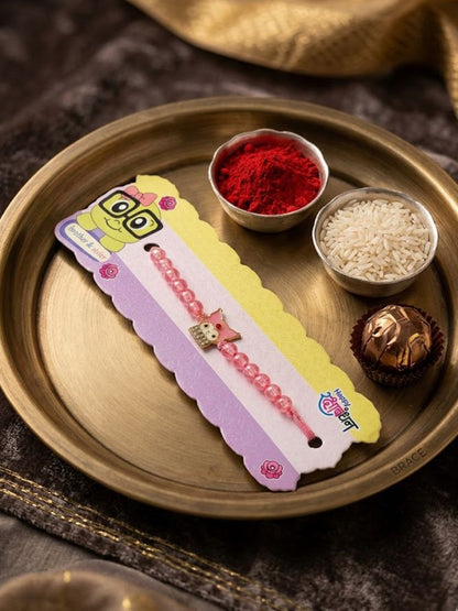 NVR Pink Transparent Beaded Cartoon Character Kids Rakhi with Roli Chawal Chandan Mishri