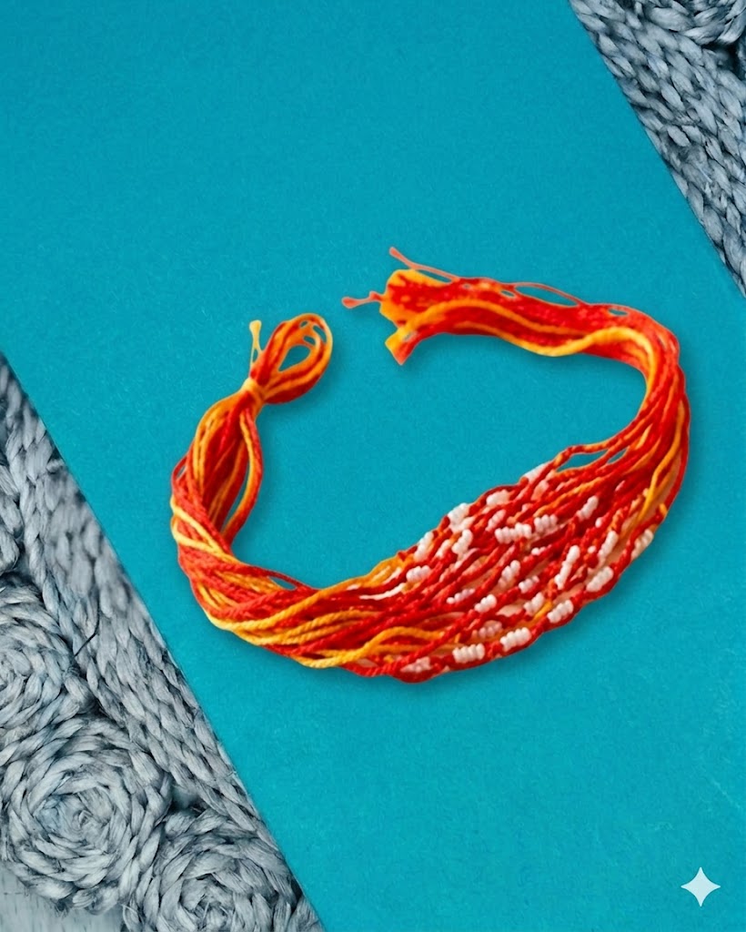 NVR Set of 6 Red & Yellow Thread Rakhi with Roli Chawal Chandan Mishri
