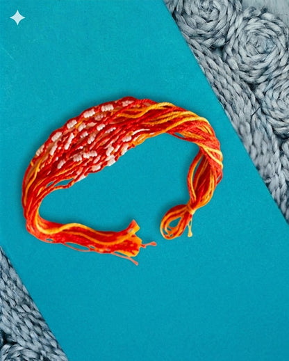 NVR Set of 6 Red & Yellow Thread Rakhi with Roli Chawal Chandan Mishri
