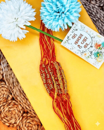 NVR Set of 6 Yellow & Red Thread Rakhi with Roli Chawal Chandan Mishri