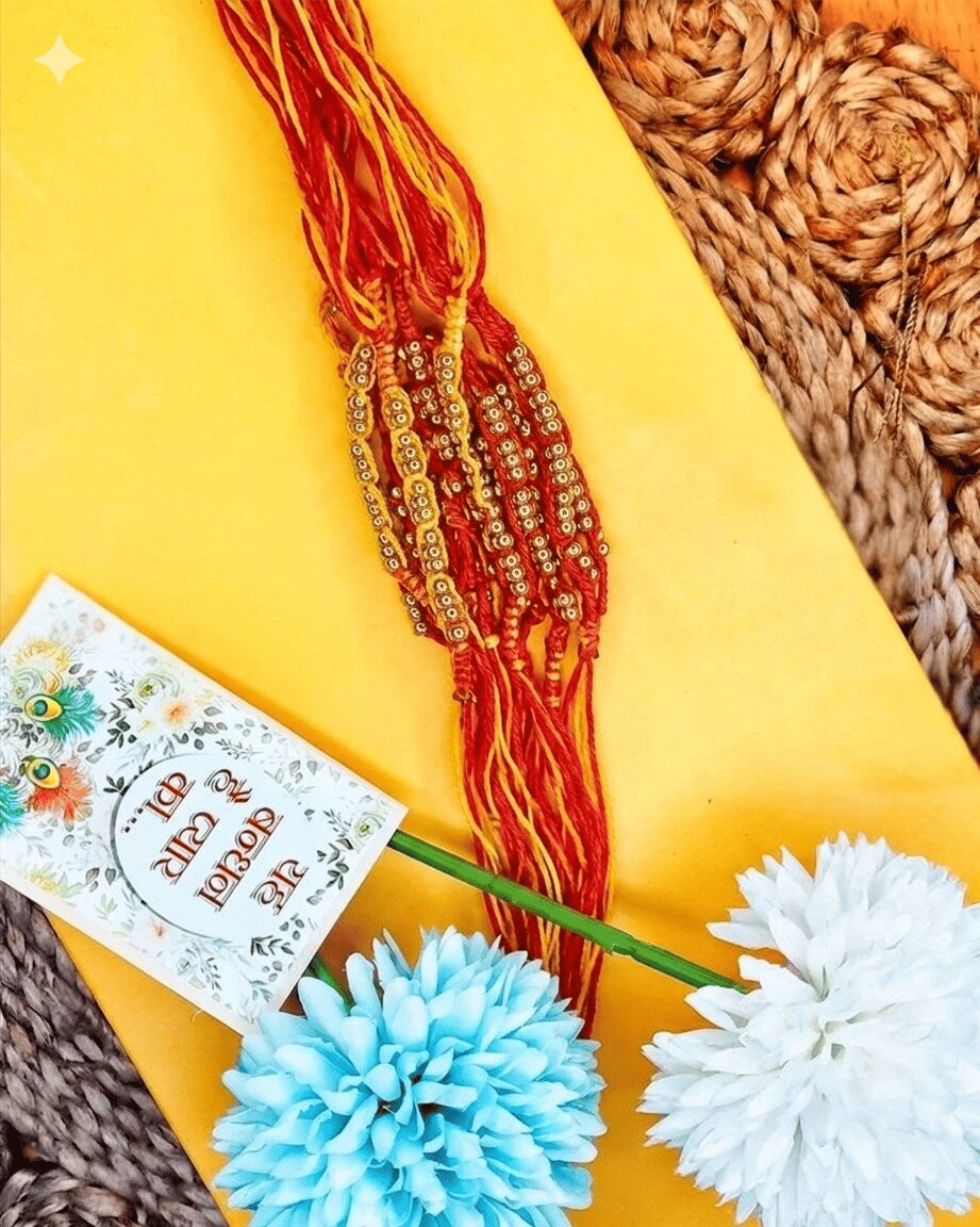 NVR Set of 6 Yellow & Red Thread Rakhi with Roli Chawal Chandan Mishri
