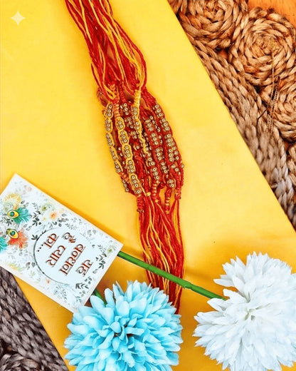 NVR Set of 6 Yellow & Red Thread Rakhi with Roli Chawal Chandan Mishri