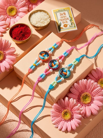 NVR Set of 3 Radha Krishna Thread Rakhi with Roli Chawal Chandan Mishri