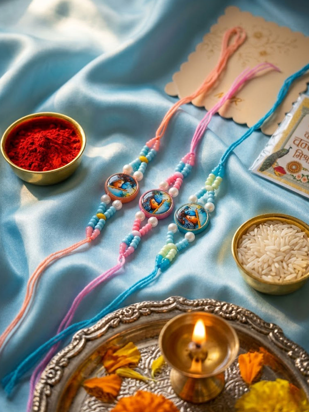 NVR Set of 3 Radha Krishna Thread Rakhi with Roli Chawal Chandan Mishri