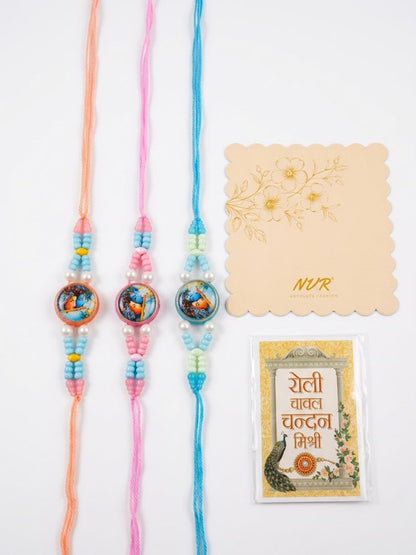 NVR Set of 3 Radha Krishna Thread Rakhi with Roli Chawal Chandan Mishri