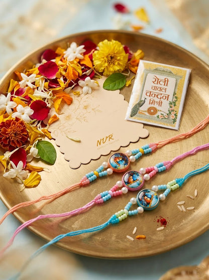 NVR Set of 3 Radha Krishna Thread Rakhi with Roli Chawal Chandan Mishri