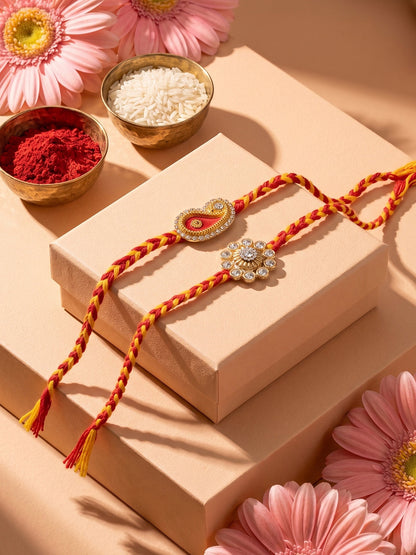 NVR Set of 2 Gold & Red Thread & Kundan Rakhi with Roli Chawal Chandan Mishri