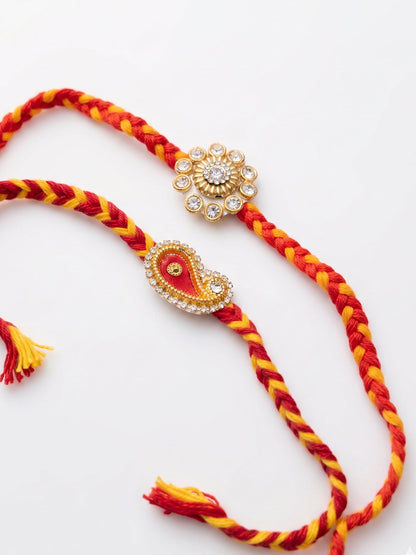 NVR Set of 2 Gold & Red Thread & Kundan Rakhi with Roli Chawal Chandan Mishri