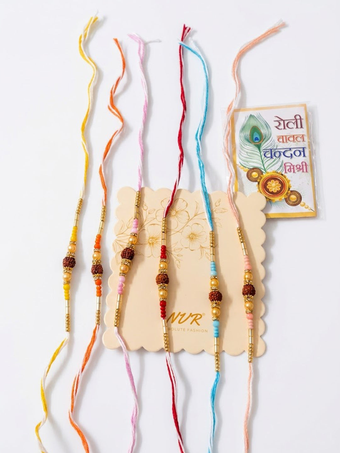 NVR Set of 6 Rudraksh & Artificial Beads Thread Rakhi with Roli Chawal Chandan Mishri