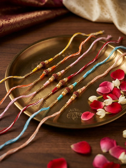 NVR Set of 6 Rudraksh & Artificial Beads Thread Rakhi with Roli Chawal Chandan Mishri