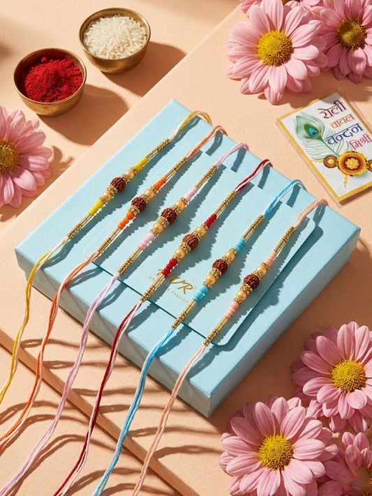NVR Set of 6 Rudraksh & Artificial Beads Thread Rakhi with Roli Chawal Chandan Mishri