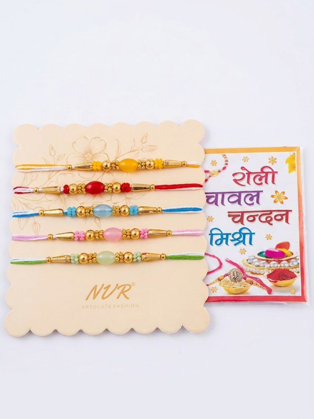 NVR Set of 5 Multi Artificial Beads Thread Rakhi with Roli Chawal Chandan Mishri