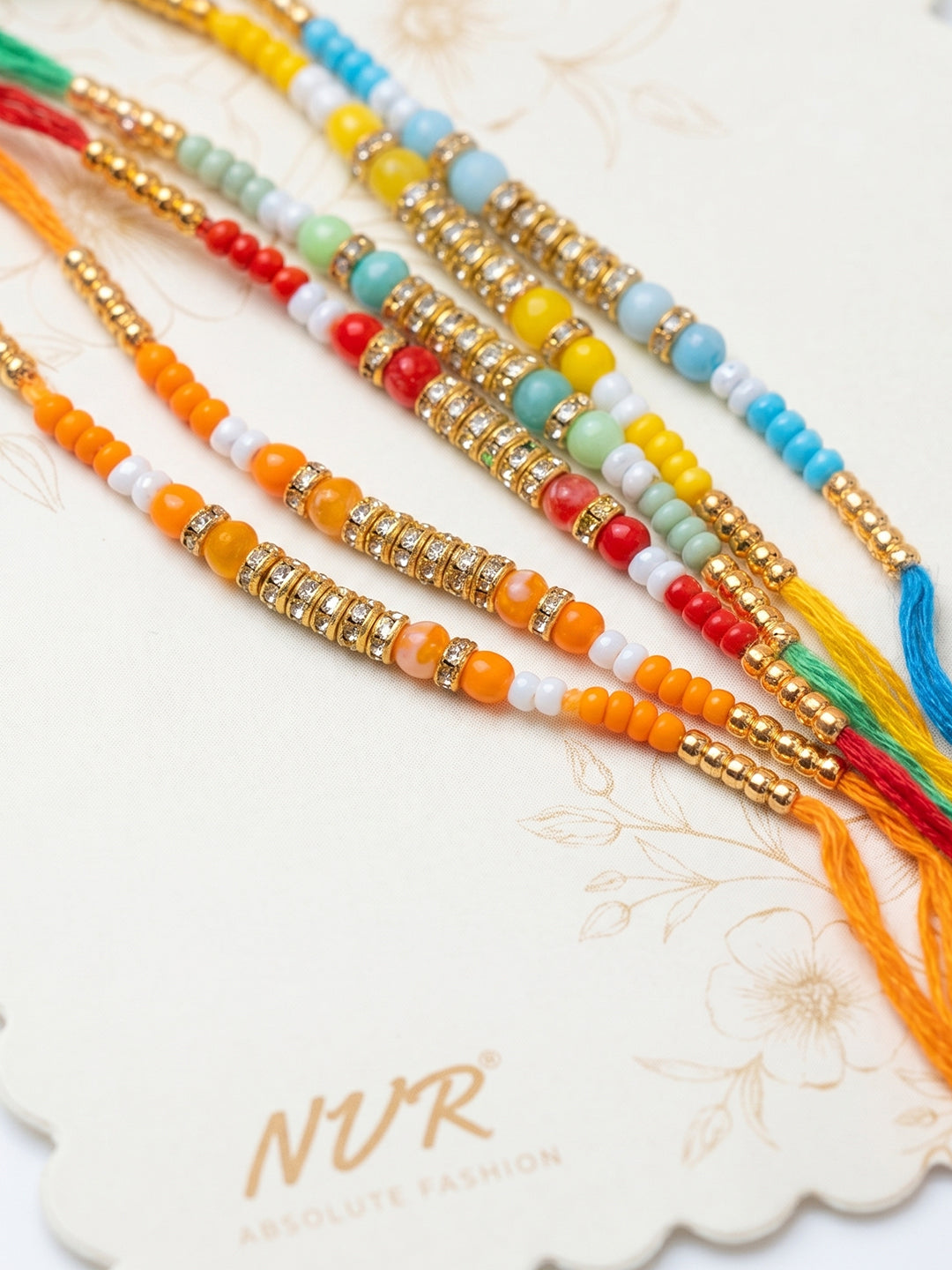NVR Set of 6 Multi Artificial Beads Thread Rakhi with Roli Chawal Chandan Mishri